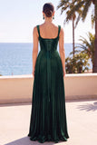 Corset en velours vert foncé plissé, longue robe de cérémonie ligne A