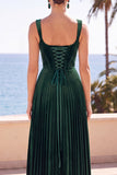 Corset en velours vert foncé plissé, longue robe de cérémonie ligne A