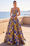 Robe longue formelle ligne A à imprimé floral bleu et jaune, froncée avec découpes