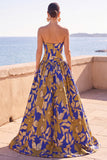 Robe longue formelle ligne A à imprimé floral bleu et jaune, froncée avec découpes