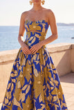 Robe longue formelle ligne A à imprimé floral bleu et jaune, froncée avec découpes