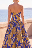 Robe longue formelle ligne A à imprimé floral bleu et jaune, froncée avec découpes