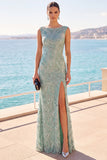Gris-vert à col bateau, perlée à paillettes, fourreau longue robe de cérémonie avec fente