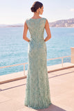 Gris-vert à col bateau, perlée à paillettes, fourreau longue robe de cérémonie avec fente