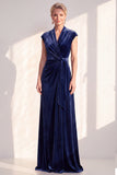 Robe longue de la mère de la mariée en velours bleu foncé ligne en V