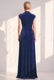 Robe longue de la mère de la mariée en velours bleu foncé ligne en V