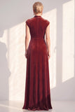 Robe longue de la mère de la mariée en velours bleu foncé ligne en V