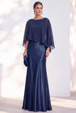 Robe de la mère de la mariée en velou à col bateau bleu marine avec cape