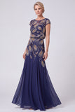 Robe de mariée Batueau longue ligne A à perles bleu marine