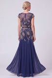 Robe de mariée Batueau longue ligne A à perles bleu marine