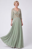 Robe longue Mother of The Bride à manches courtes en A, ligne en A, long à perles bleu marine et à manches courtes