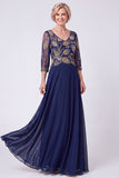 Robe longue Mother of The Bride à manches courtes en A, ligne en A, long à perles bleu marine et à manches courtes