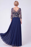 Robe longue Mother of The Bride à manches courtes en A, ligne en A, long à perles bleu marine et à manches courtes