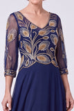 Robe longue Mother of The Bride à manches courtes en A, ligne en A, long à perles bleu marine et à manches courtes