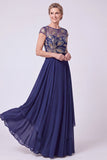 Robe longue de la mariée à col illusion bleu marine à perles