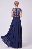 Robe longue de la mariée à col illusion bleu marine à perles