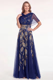 Robe de la mère de la mariée longue à manches perlées bleu marine