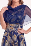 Robe de la mère de la mariée longue à manches perlées bleu marine