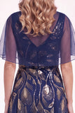 Robe de la mère de la mariée longue à manches perlées bleu marine