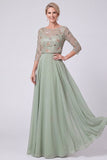 Robe marine A-Line Illusion Bateau à col long perlé Mother Of The Bride