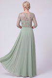 Robe marine A-Line Illusion Bateau à col long perlé Mother Of The Bride