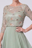 Robe marine A-Line Illusion Bateau à col long perlé Mother Of The Bride