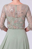 Robe marine A-Line Illusion Bateau à col long perlé Mother Of The Bride