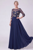 Robe marine A-Line Illusion Bateau à col long perlé Mother Of The Bride