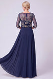 Robe marine A-Line Illusion Bateau à col long perlé Mother Of The Bride