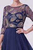 Robe marine A-Line Illusion Bateau à col long perlé Mother Of The Bride