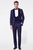 Costumes de bal pour hommes en 3 pièces bleu foncé à simple boutonnage et revers