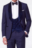 Costumes de bal pour hommes en 3 pièces bleu foncé à simple boutonnage et revers
