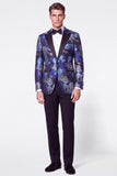 Costumes de bal de fin d’année noirs bleus Jacquard Peak à revers simple boutonne en deux pièces