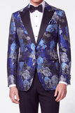 Costumes de bal de fin d’année noirs bleus Jacquard Peak à revers simple boutonne en deux pièces
