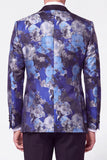 Costumes de bal de fin d’année noirs bleus Jacquard Peak à revers simple boutonne en deux pièces