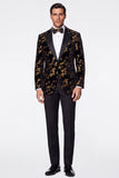 Costumes de bal noir dorés 2 pièces à revers point, Jacquard à simple poitrine pour hommes