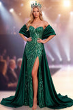 Robe de concours Maxi à paillettes sans anneau vert foncé avec fente latérale