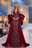 Robe de concours longue à manches de concours à volants en sirène bordeaux