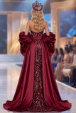 Robe de concours longue à manches de concours à volants en sirène bordeaux