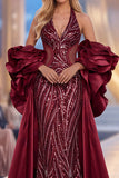 Robe de concours longue à manches de concours à volants en sirène bordeaux