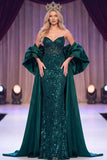 Corset de sirène vert foncé avec paillettes transparentes Maxi robe de concours avec cape