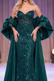 Corset de sirène vert foncé avec paillettes transparentes Maxi robe de concours avec cape
