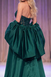 Corset de sirène vert foncé avec paillettes transparentes Maxi robe de concours avec cape