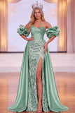 Robe de concours de concours de beauté verte à manches bouffantes à manches bouffantes froncées et fente sur le côté