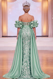 Robe de concours de concours de beauté verte à manches bouffantes à manches bouffantes froncées et fente sur le côté