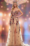 Robe de concours Champagne Ligne A Sequins 3D Fleur Appliquées Maxi avec fente latérale
