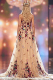 Robe de concours Champagne Ligne A Sequins 3D Fleur Appliquées Maxi avec fente latérale