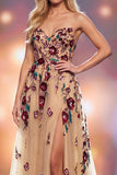 Robe de concours Champagne Ligne A Sequins 3D Fleur Appliquées Maxi avec fente latérale