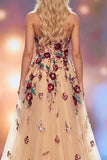 Robe de concours Champagne Ligne A Sequins 3D Fleur Appliquées Maxi avec fente latérale