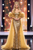 Robe de concours Maxi à paillettes dorée sirène dénudée à manches bouffantes